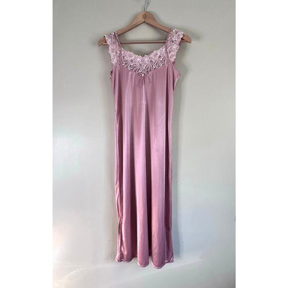 Vintage Mauve Pink Satin Nightgown – Sheer Lace, Romantic, Size S/M - Picture 1 of 9